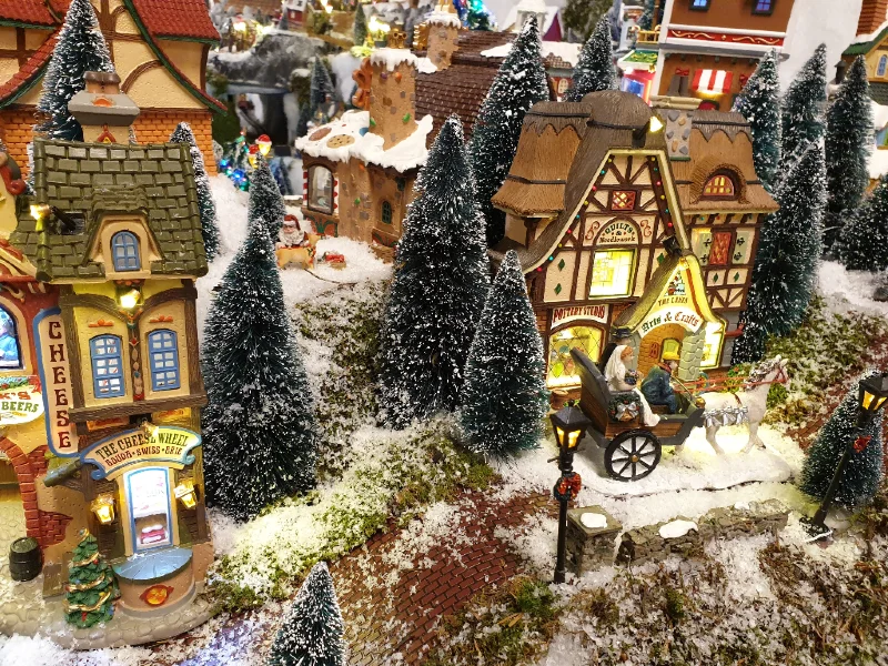 Mercadillo de navidad en Suiza. Los mejores mercadillos navideños. Casitas en miniatura con nieve.