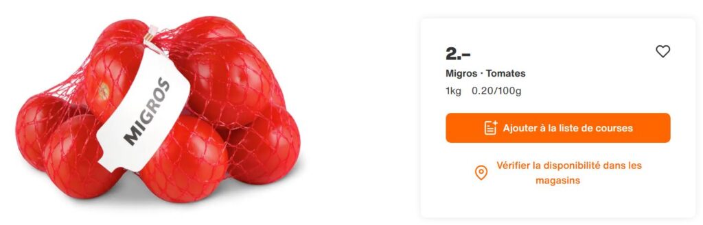 Imagen de unos tomates y el precio de 2 francos el kilo en el supermecado suizo Migros. Comparación de precios entre Suiza y España.