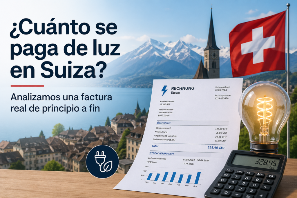 Vista de un pueblo suizo a orillas de un lago, con una factura de electricidad, una bombilla encendida y una calculadora mostrando el importe, todo junto al texto del artículo sobre el coste de la luz en Suiza.