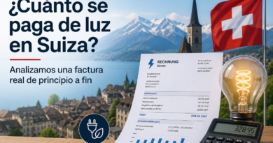 Vista de un pueblo suizo a orillas de un lago, con una factura de electricidad, una bombilla encendida y una calculadora mostrando el importe, todo junto al texto del artículo sobre el coste de la luz en Suiza.