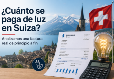 Vista de un pueblo suizo a orillas de un lago, con una factura de electricidad, una bombilla encendida y una calculadora mostrando el importe, todo junto al texto del artículo sobre el coste de la luz en Suiza.