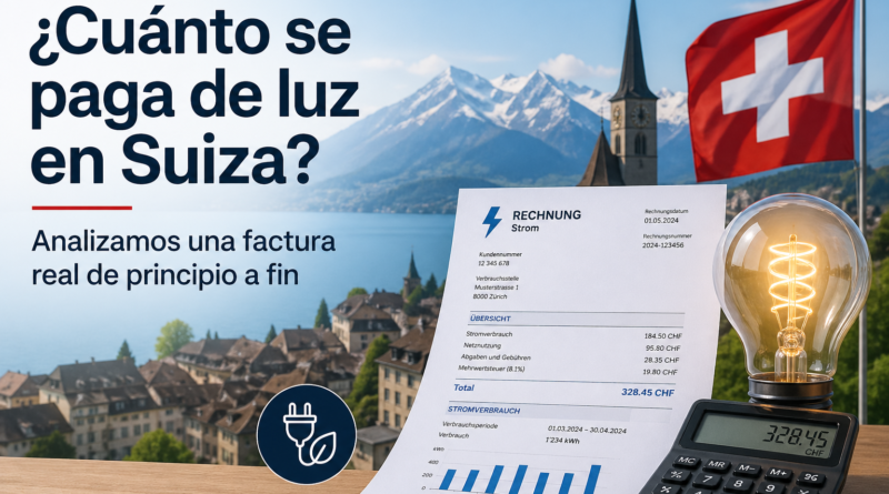 Vista de un pueblo suizo a orillas de un lago, con una factura de electricidad, una bombilla encendida y una calculadora mostrando el importe, todo junto al texto del artículo sobre el coste de la luz en Suiza.