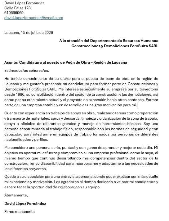 Carta de motivación correcta para Suiza