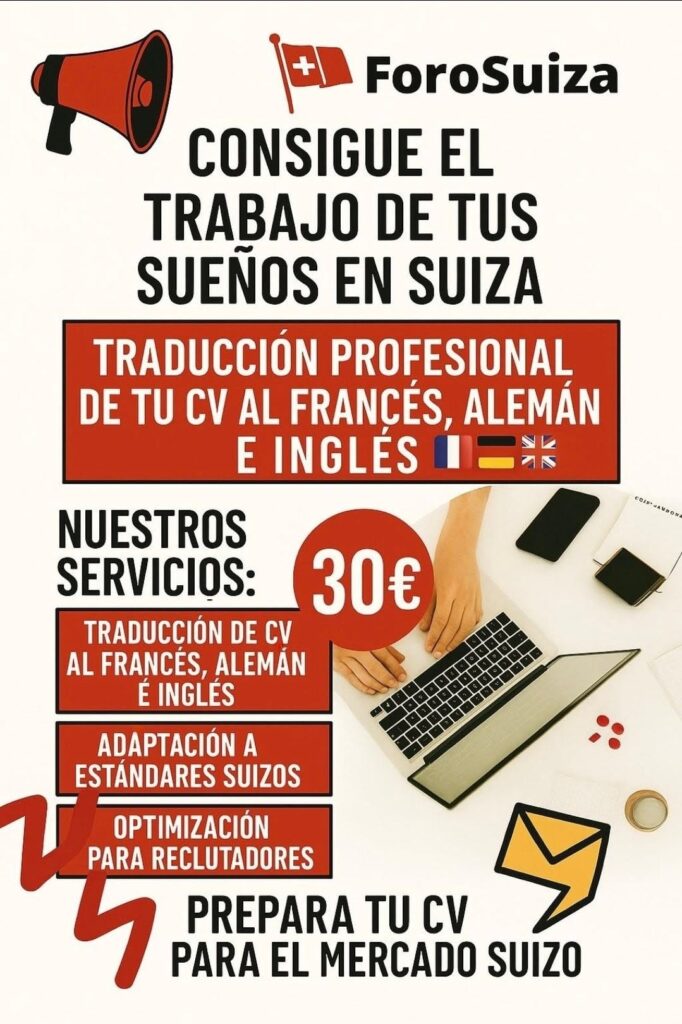 Cartel publicitario dónde se indica que ForoSuiza realiza curriculum vitae en alemán, francés e inglés para buscar trabajo en Suiza.